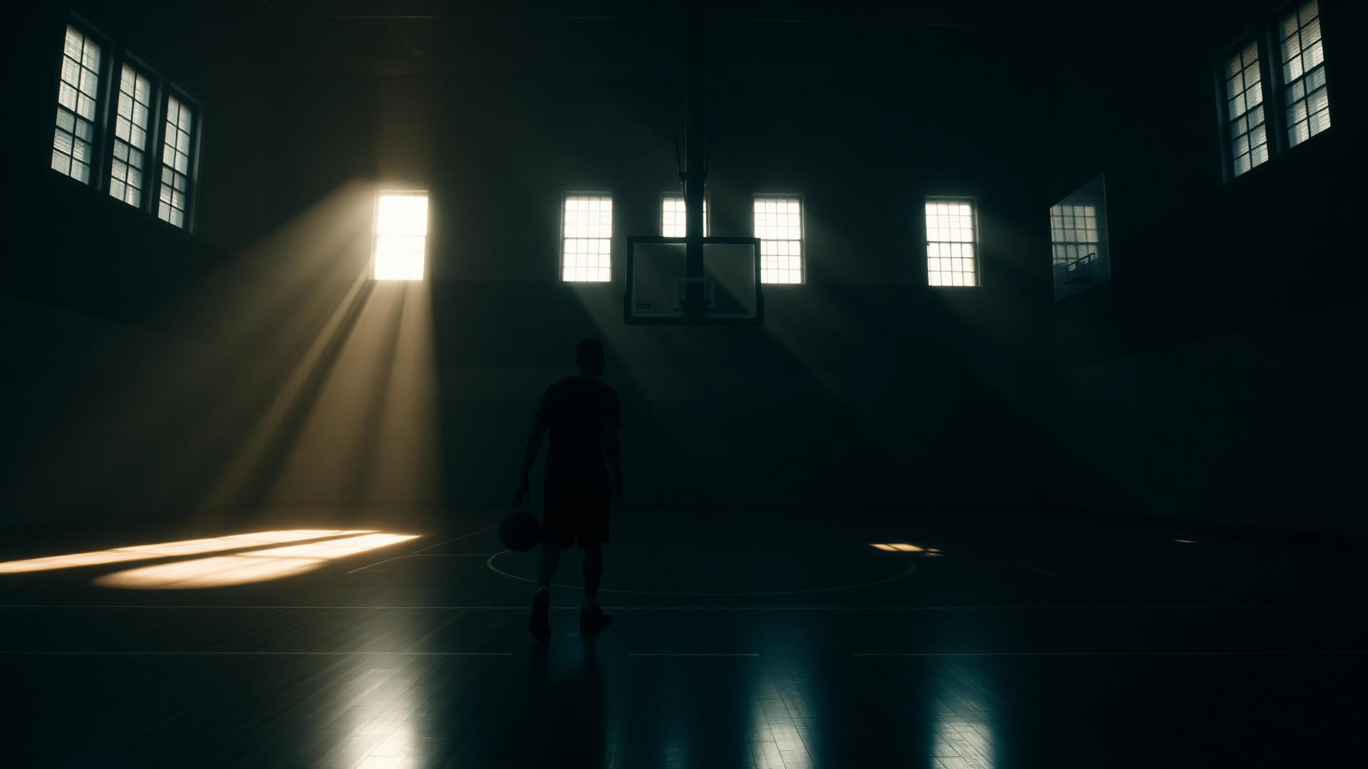 Lone basketball player practicing in a dark gym